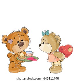 Vector illustration of a loving brown teddy bear carries a tray with breakfast and a valentine to her girlfriend. Print, template, design element