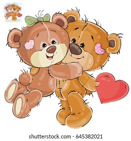 Vector illustration of a loving brown teddy bear hides behind his back a valentine, and his girlfriend hugs him by the neck. Print, template, design element