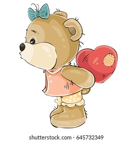 Vector illustration of a loving brown teddy bear girl hiding behind her plush red heart and about to kiss someone. Print, template, design element