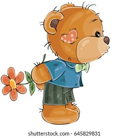 Vector illustration of a loving brown teddy bear boy hides behind a flower and is going to kiss someone. Print, template, design element