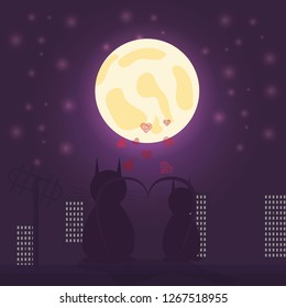 vector illustration of loving cat boy and cat girl sitting on the roof looking at the moon against the city background and hearts design for Valentines day