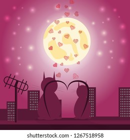 vector illustration of loving cat boy and cat girl sitting on the roof looking at the moon against the city background and hearts design for Valentines day