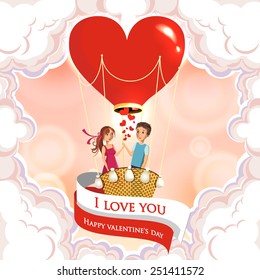 Vector illustration. Loving couple boy and girl in a balloon in the shape of a red heart in the clouds. Valentine's Day. Romantic illustration.