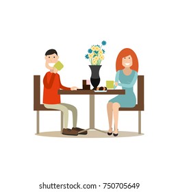 Vector illustration of loving couple in cafe or restaurant. People and relations concept flat style design element, icon isolated on white background.