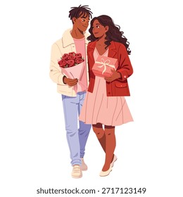 Vektorgrafik des liebevollen Paares zum Valentinstag. Moderner flacher Stil, Romantik, verliebtes Paar. Junge Leute am Valentinstag. Perfekt für Grußkarten, Poster, Social Media, Website