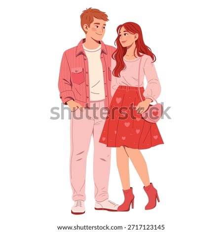 Vector illustration of loving couple for Valentine’s Day. Modern flat style, romance, couple in love. Young people on Valentine day. Perfect for greeting cards, posters, social media, website