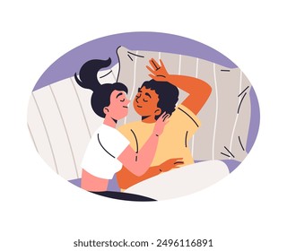 Ilustración vectorial de una pareja amorosa que se duerme en el dormitorio en brazos con una sonrisa en la cara, demostrando intimidad y amor