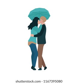 Vector illustration of loving couple kissing under umbrella in flat style isolated on white background - young male and female characters in autumn clothes walking with parasol under rain.