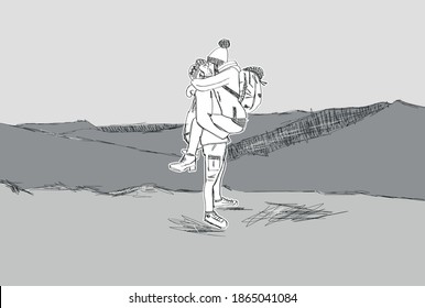 Vector illustration of a loving couple kissing at the top of a hill - Romantic travelers climbing mountains
