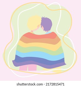 Imagen vectorial de una pareja amorosa envuelta en una bandera LGBT de color en un fondo abstracto
