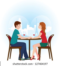 Vector illustration of a loving couple on a date in the cafe