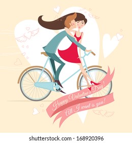 Vector Illustration of  Loving  couple on the bicycle. Valentine's day greeting card.