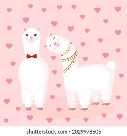 Vector illustration with a loving couple on a pink background with hearts. Suitable for baby texture, textile, fabric, poster, Valentines day card, decor. Cute alpaca from Peru.