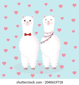 Vector illustration with a loving couple on a blue background with hearts. Suitable for baby texture, textile, fabric, poster, Valentines day card, decor. Cute alpaca from Peru.