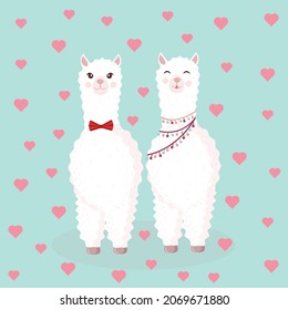 Vector illustration with a loving couple on a blue background with hearts. Suitable for baby texture, textile, fabric, poster, Valentines day card, decor. Cute alpaca from Peru.