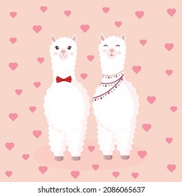 Vector illustration with a loving couple on a pink background with hearts. Suitable for baby texture, textile, fabric, poster, Valentines day card, decor. Cute alpaca from Peru