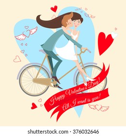Vector Illustration of Loving couple on the bicycle. Valentine's day greeting card.