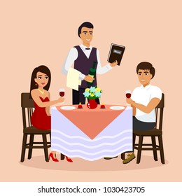 Vector illustration of loving couple in restaurant with waiter, drinking wine in a cafe. Man and woman have a date, flat cartoon style.