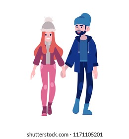 Vector illustration of loving couple of young man and woman in holding hands and walking in autumn isolated on white background - happy smiling flat male and female characters in fall clothes.