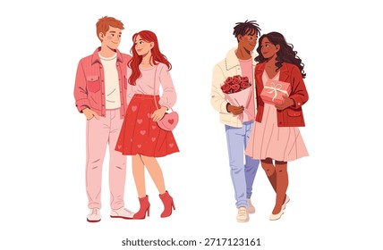 Vektorgrafik liebevoller Paare zum Valentinstag. Moderner flacher Stil, Romantik, verliebtes Paar. Junge Leute am Valentinstag. Perfekt für Grußkarten, Poster, Social Media, Website