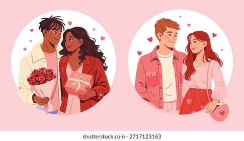 Vektorgrafik liebevoller Paare zum Valentinstag. Moderner flacher Stil, Romantik, verliebtes Paar. Junge Leute am Valentinstag. Perfekt für Grußkarten, Poster, Social Media, Website
