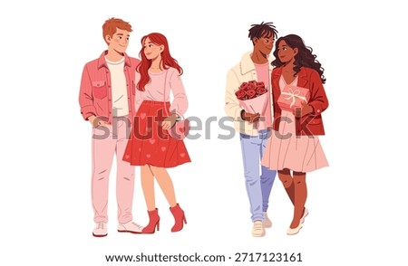 Vector illustration of loving couples for Valentine’s Day. Modern flat style, romance, couple in love. Young people on Valentine day. Perfect for greeting cards, posters, social media, website