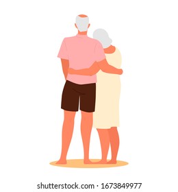 Vector illustration of a loving elderly couple. Happy seniors spending time ogether. Retired couple on their summer vacation. Woman and man on retirement. Vector illustration in cartoon style