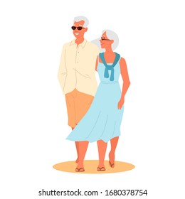 Vector illustration of a loving elderly couple. Happy seniors spending time ogether. Retired couple on their summer vacation. Woman and man on retirement. Vector illustration in cartoon style