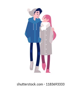 Vector illustration of loving embracing couple of young boy and girl in autumn clothes in flat style isolated on white background - happy male and female characters walking in fall season.