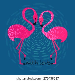 vector illustration of a loving flamingos at sunset