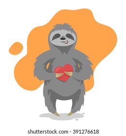 Vector illustration of loving happy cute sloth with heart in his hand. Vector print for t-shirt or poster design.