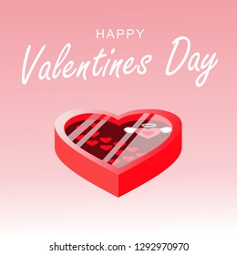 Vector illustration. Loving heart.
Box in the form of a heart with chocolate for a loved one. On a pink background with a gradient. Happy Wedding Day.