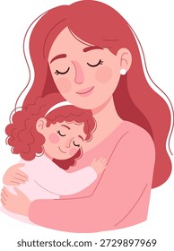 Vector illustration of a loving mother embracing her daughter in a tender hug, showing affection, family bond, and care, isolated on white.