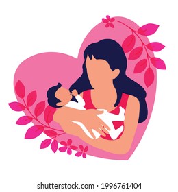 Vector Illustration Of A Loving Mother Holding A Baby In Her Arms. Maternal Love And Care For Children. Long-awaited Child. Postpartum Period. Pink Heart Background With Floral Elements