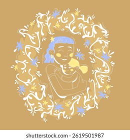 Vector illustration of a loving mother hugging her daughter, surrounded by a wreath of yellow, white, and blue flowers on a warm ochre background. Perfect for Mother's Day cards