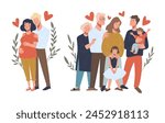 Vector illustration of a loving multi-generational family with heart symbols, depicting affection and togetherness
