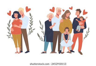 Vector illustration of a loving multi-generational family with heart symbols, depicting affection and togetherness