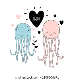 Vector illustration of "loving octopuses". Baby print. Cartoon background.
