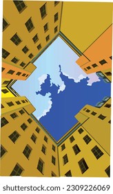 ilustración vectorial Disparo de ángulo bajo de tierra a cielo de rascacielos urbanos. procesado 3D. ilustraciones de edificios