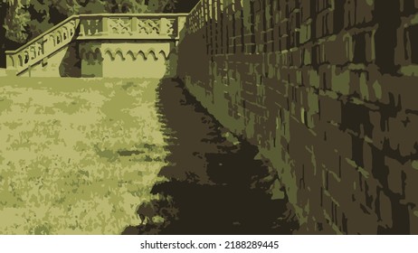 Vector illustration in low color range. A brick wall is compositionally placed at the edge of the illustration. Illustration mostly in green. Walls, grass, stairs.