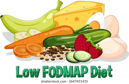 Vector illustration of low FODMAP foods including fruits, vegetables, and cheese. Bright colors and clean composition enhance visual appeal