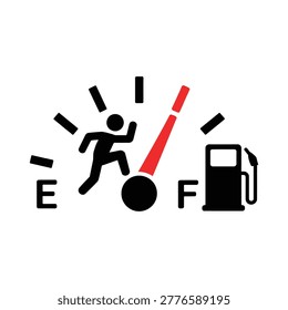Vector illustration of a low fuel gauge with a person running toward a gas pump, symbolizing empty tank, fuel shortage, urgency, energy crisis and transportation warning concept.