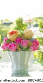 Vector illustration low poly bouquet of pink roses in vase decorated