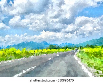 Vector illustration low poly landscape background of a grassy mountains hill and road