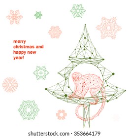 Vector illustration with low poly linear Christmas tree and monkey on the white background