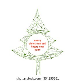 Vector illustration with low poly linear Christmas tree white clear background with text inside. Poster, banner, card, invitation.