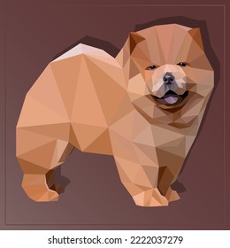 Vector illustration of low poly polygonal dog. Chow-chow breed. Brown beige fluffy puppy isolated on dark background. Veterinary,shop,kids,print,textile concept.