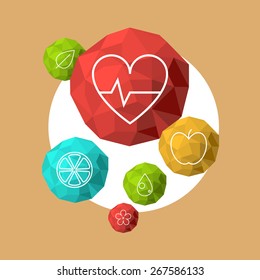 Vector illustration with low poly spheres and medicine icons, design elements, EPS 8, heartbeat, orange, leaf, apple, water, flower