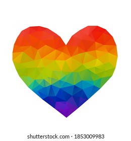 Ilustración vectorial de un corazón bajo de arco iris de polígono aislado en un fondo blanco. Símbolo de amor gay, lesbiana y LGBT. Estilo geométrico moderno.