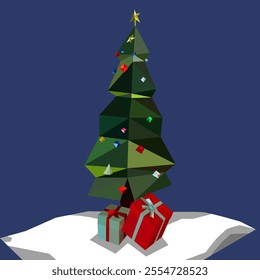 A vector illustration of low poly-styled Christmas tree in dark blue background